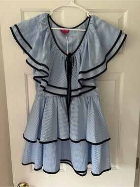 Baby Pink Blue & White Striped Top with Black Trim